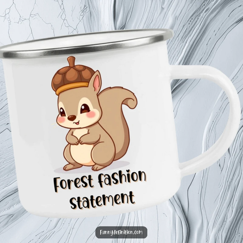 Funny camping mug featuring a squirrel adorably wearing an acorn as a hat, for outdoor fun and woodland charm.