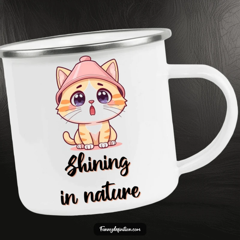 Funny surprised cat wearing a lampshade hat on a durable camping mug, ideal for outdoor humor.