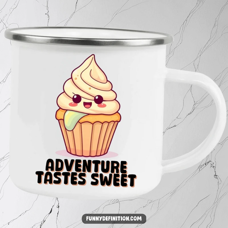 Funny camping mug featuring a surprised cupcake with frosting sliding down a rainbow, for outdoor fun and sweetness.