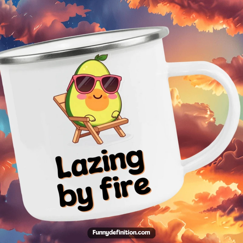 Funny enamel camping mug with a smiling avocado character wearing sunglasses, lounging on a tiny beach chair.