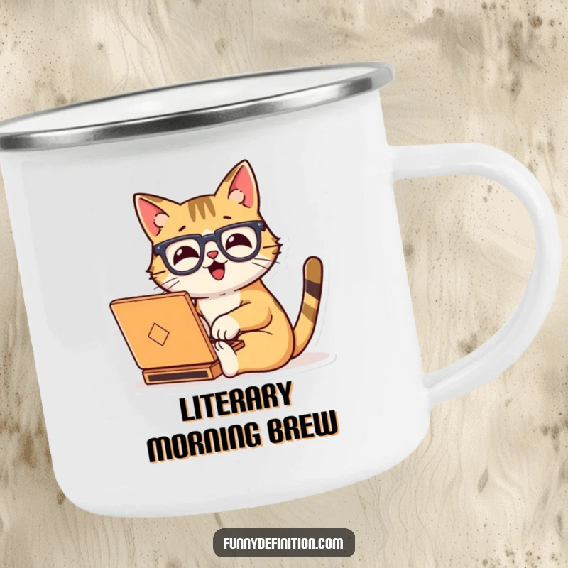 Funny camping mug depicting a happy cat wearing oversized glasses, typing diligently on a tiny laptop.