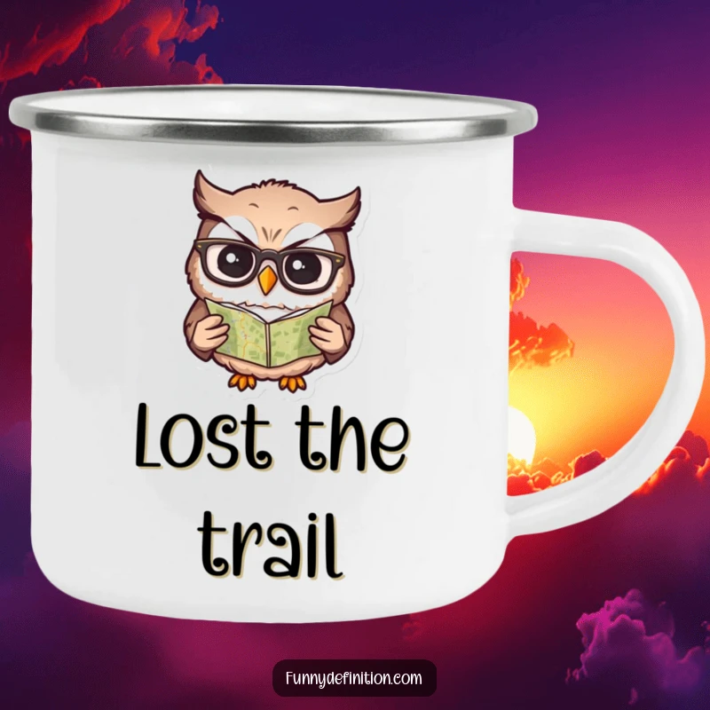 Funny camping mug featuring a confused owl wearing glasses, attempting to read a tiny map, for outdoor fun.
