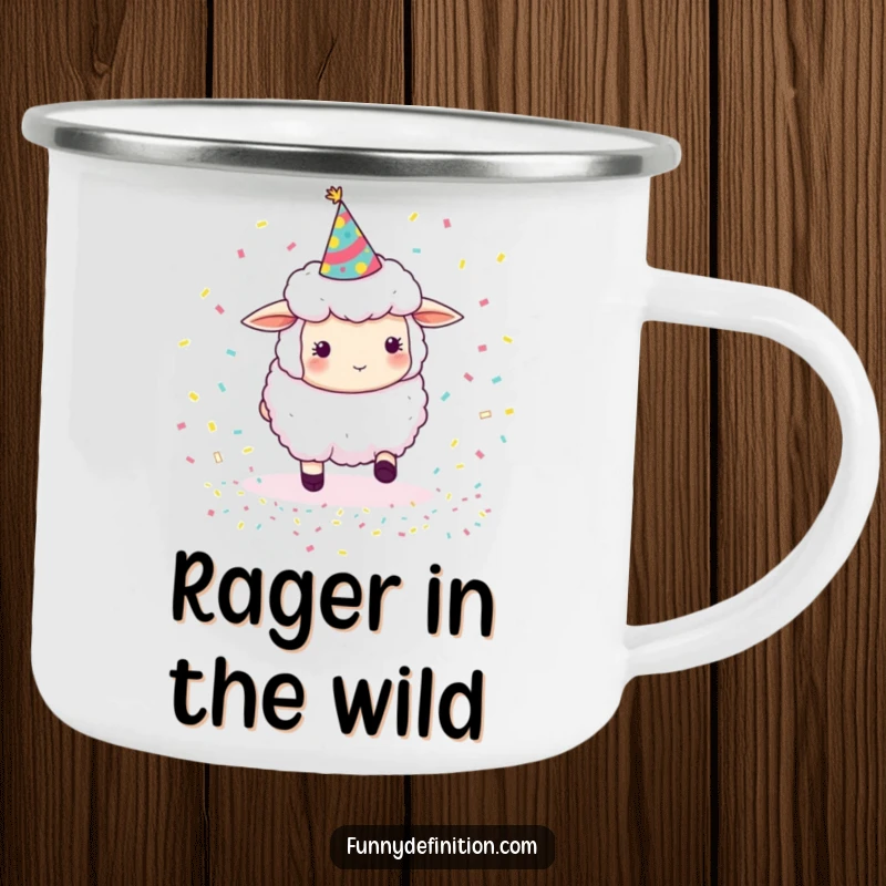Funny sheep wearing a party hat, herding confetti, a durable and humorous camping mug for outdoor laughs.