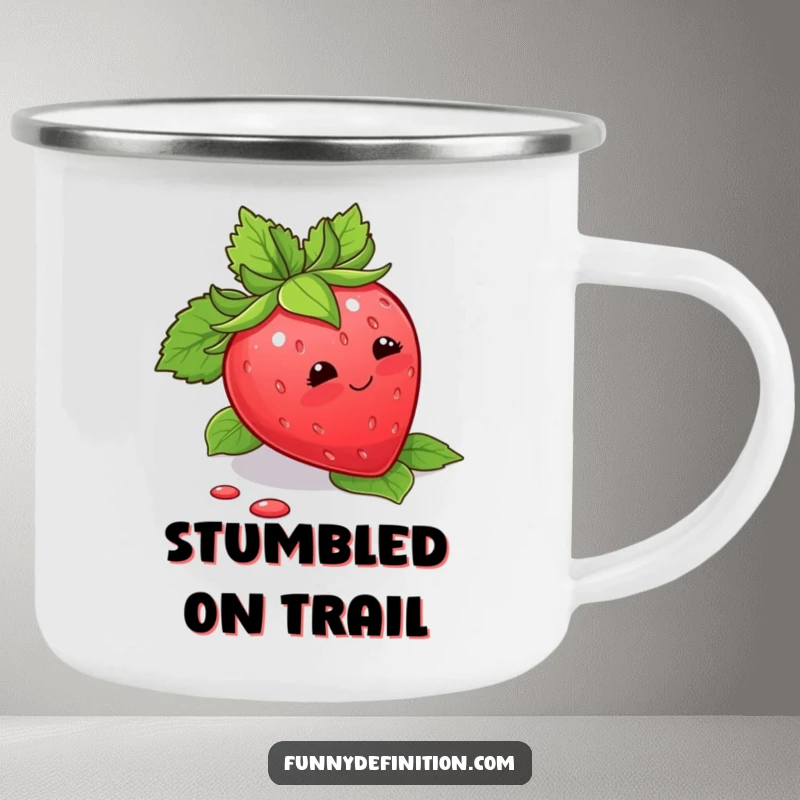 Funny Camping Mug showing a blushing strawberry tripping over its leaves, ideal for outdoor sweetness and humor.