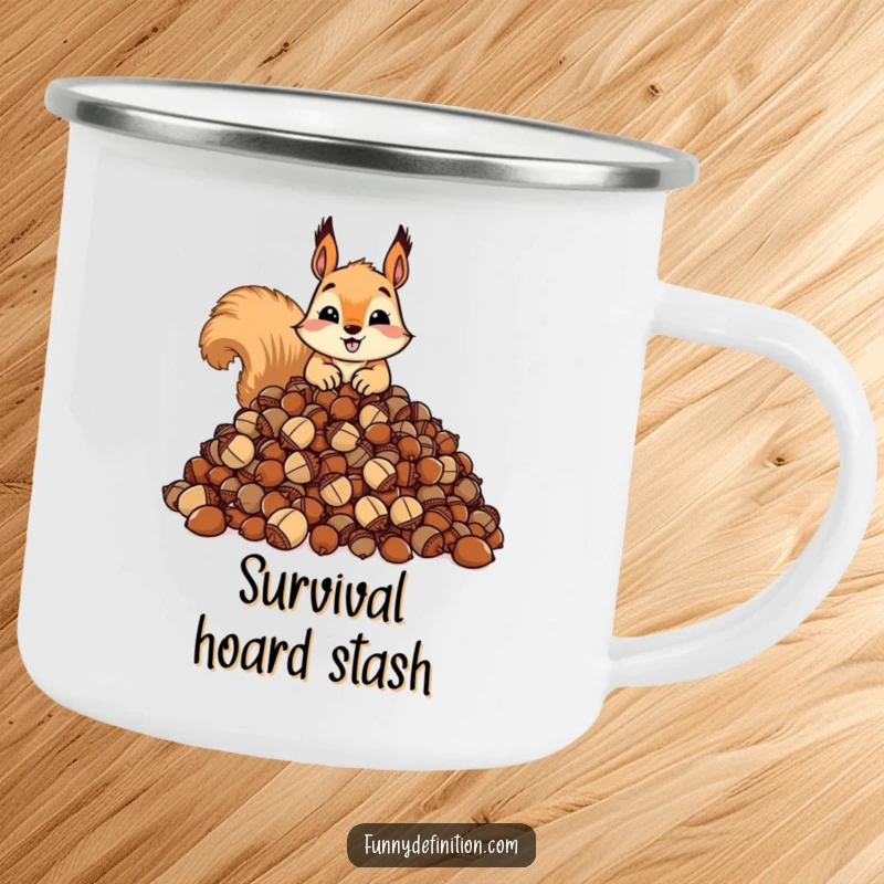 Funny camping mug with a squirrel hoarding a large pile of acorns. Durable and humorous for outdoor use.