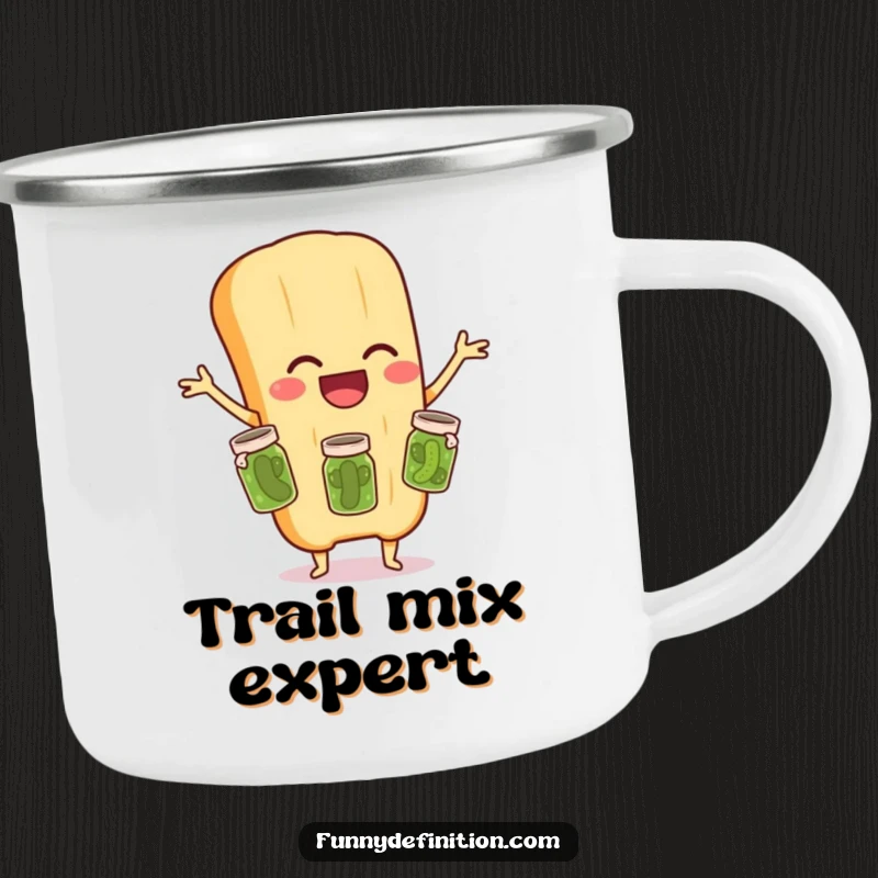 Funny camping mug showing a laughing baguette juggling three tiny pickle jars, perfect for outdoor humor and beverages.