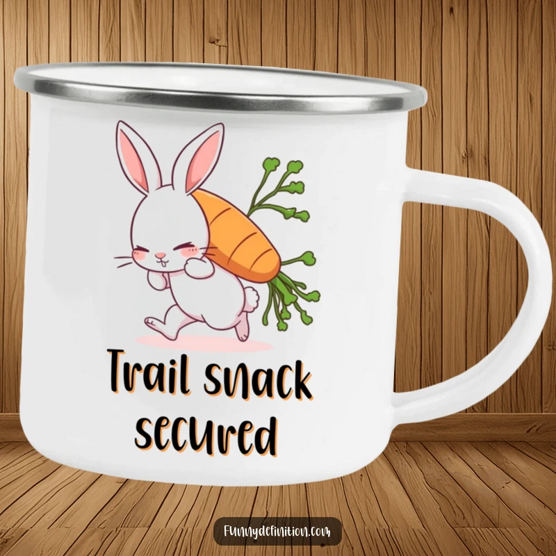 Funny rabbit camping mug with a comically struggling rabbit carrying an oversized carrot, perfect for outdoor adventures and garden lovers.