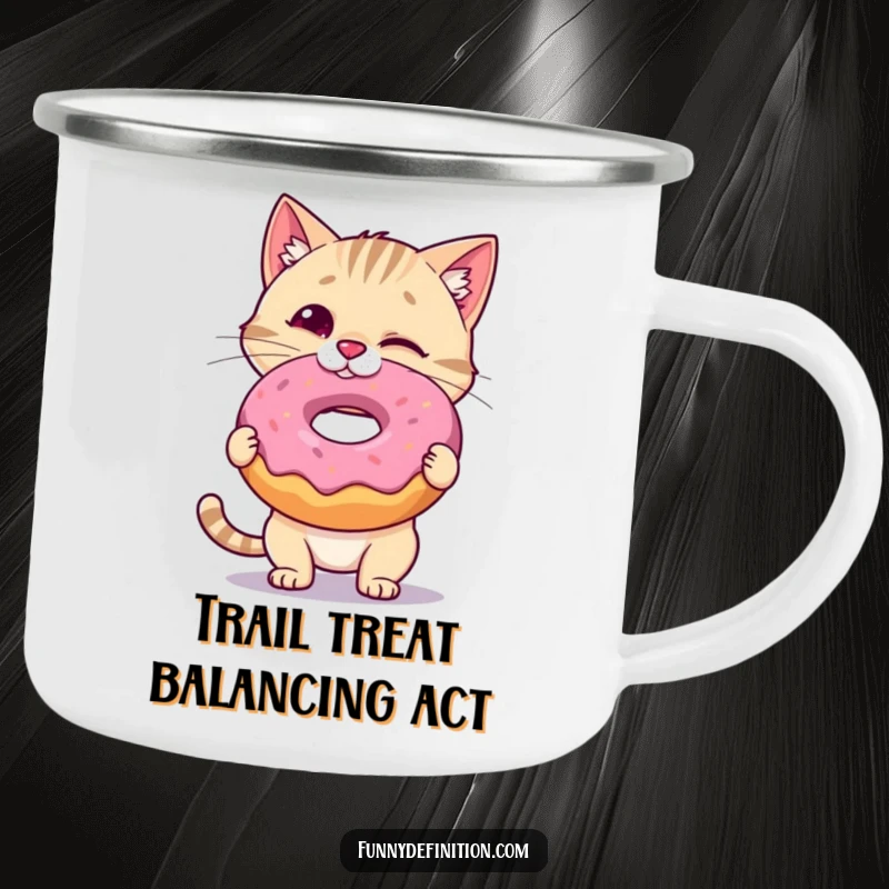 Funny Cat Camping Mug: A wobbly cat balances a donut on its nose in a camping setting, bringing sweet humor to the outdoors, a great funny gift.