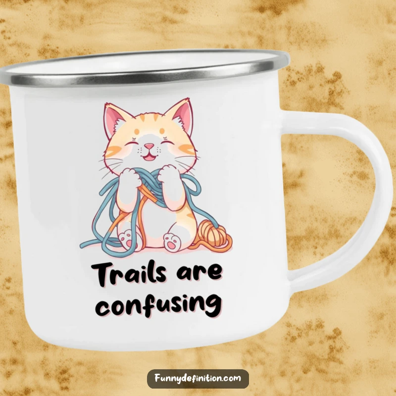 Funny camping mug featuring a cat hilariously tangled in yarn, perfect for outdoor fun and feline antics.