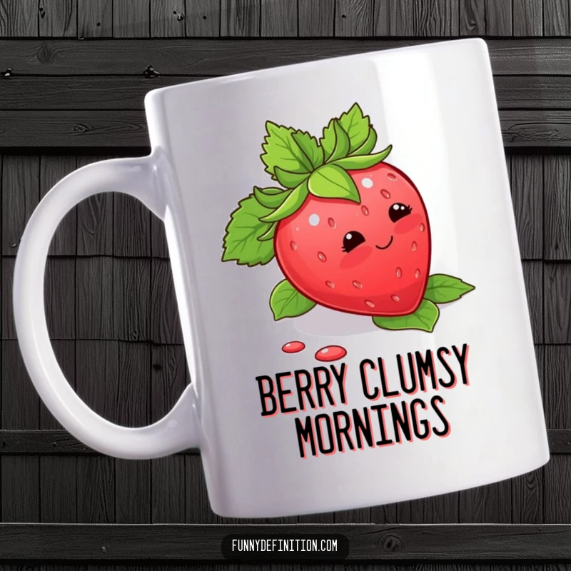 Funny Mug featuring a blushing strawberry hilariously tripping over its own green leaves, looking adorably embarrassed.