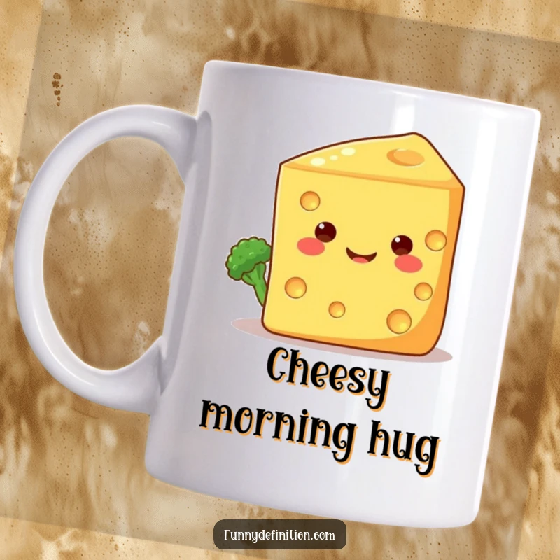 Funny mug featuring a shy broccoli floret peeking from behind a giant, smiling cheese wedge, embodying cute veggie friendship.