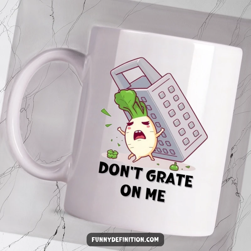 Funny mug showing a panicked radish character desperately trying to escape a massive grater in a comical kitchen scene.