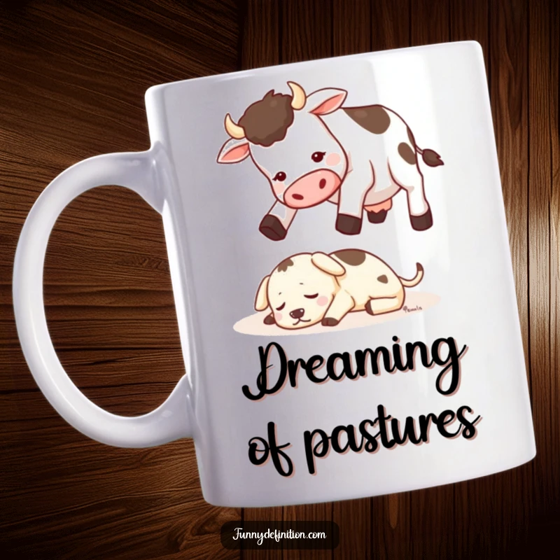 Funny mug depicting a cow attempting to jump over a tiny, peacefully sleeping dog, showcasing a comical farm scene.