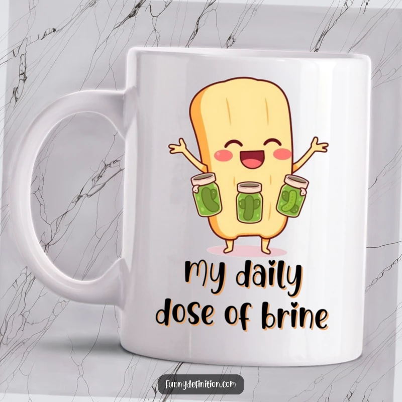 Funny mug showcasing a laughing baguette character joyfully juggling three small pickle jars in a whimsical food-themed illustration.