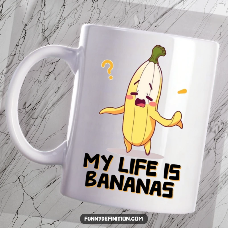 Funny banana mug showing a bewildered banana peeling itself in utter confusion, perfect for a laugh.