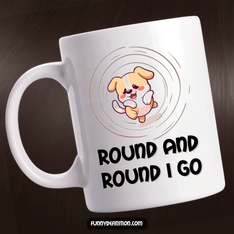 Funny mug showing a confused dog spinning rapidly in a dizzying spiral while chasing its own tail, radiating pure, comical bewilderment.