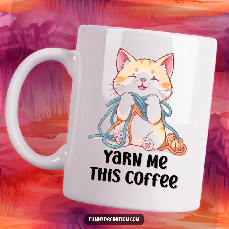 Funny cat mug showing a fluffy cat hopelessly tangled in colorful yarn, trying to escape.