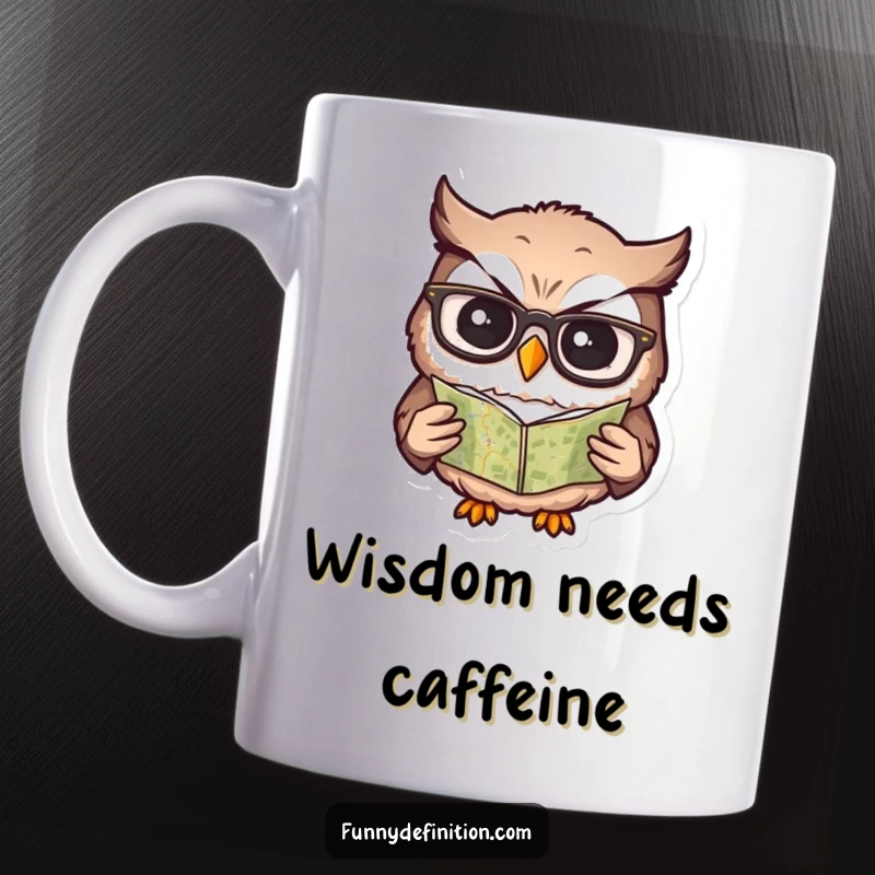 Funny owl mug showing a bespectacled owl looking utterly confused while trying to decipher a miniature map.