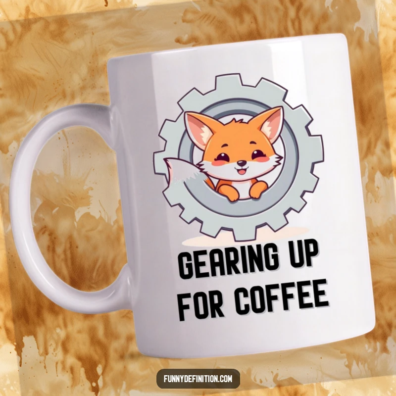 Funny mug featuring a cheerful fox curiously peeking from behind a large, spinning industrial gear, hinting at mechanical intrigue.