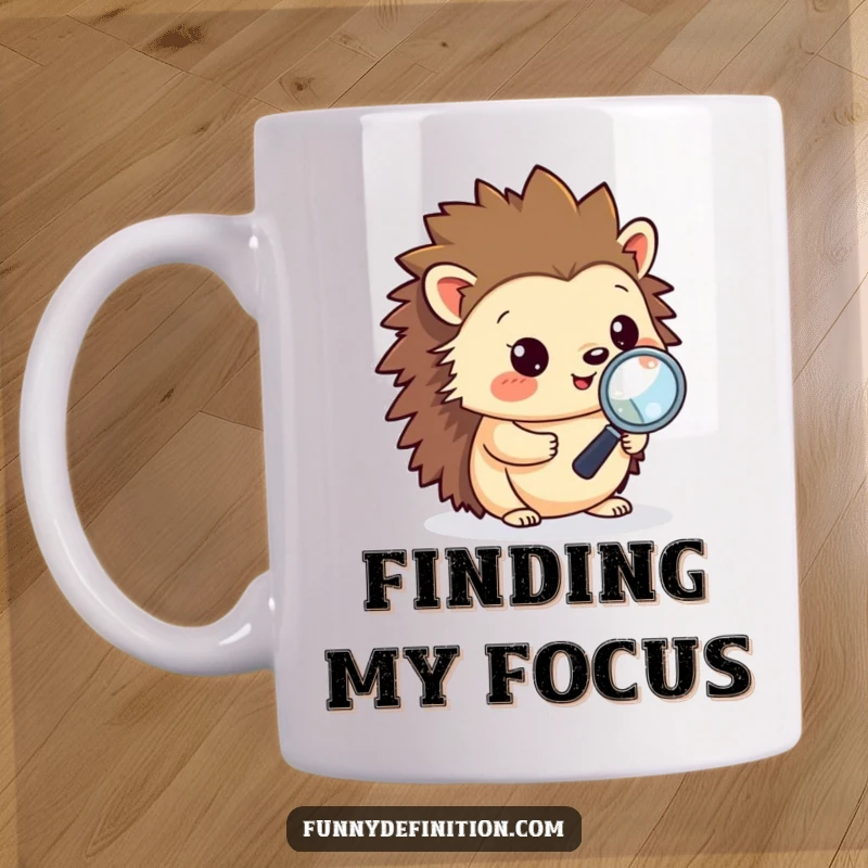Funny mug featuring a happy hedgehog diligently debugging code with a tiny magnifying glass, symbolizing focused problem-solving.