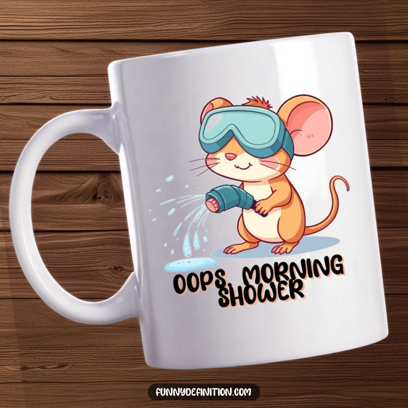 Funny mug featuring a mouse in large goggles, accidentally spraying water everywhere from a hose, creating a comical mess.
