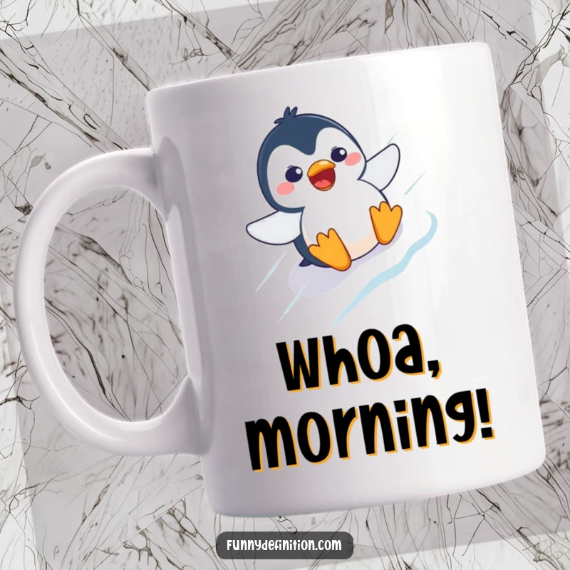 Funny mug showing a startled penguin character with a comically surprised expression, rapidly sliding down an icy slope.