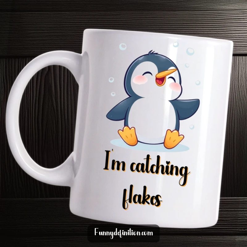 Funny mug showing a delighted penguin with its beak open, enthusiastically trying to catch soft, falling snowflakes in a winter wonderland.