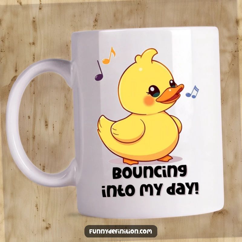 Funny mug showing a yellow rubber duck comically bobbing its head enthusiastically to an imaginary beat, radiating bathtub joy and rhythm.