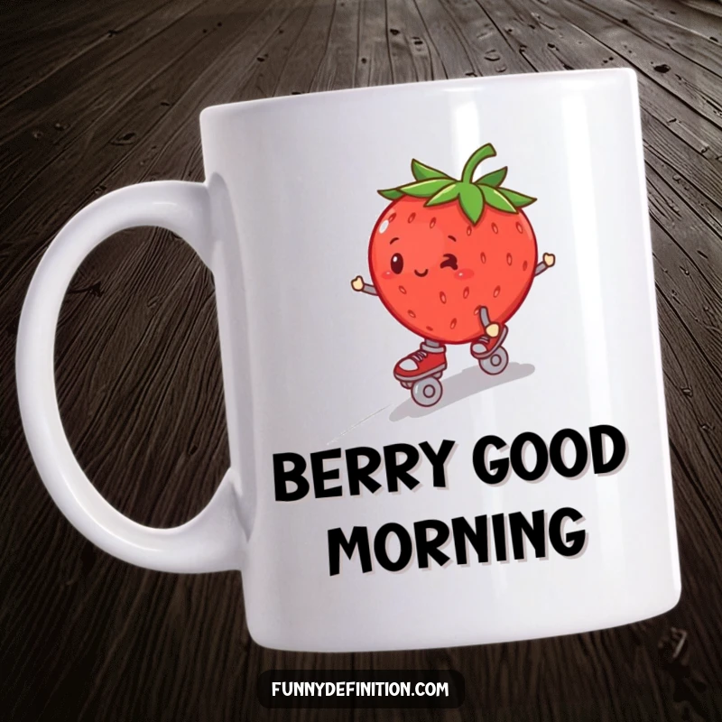 Funny plump strawberry in roller skates, wobbling downhill, on a humorous coffee mug.