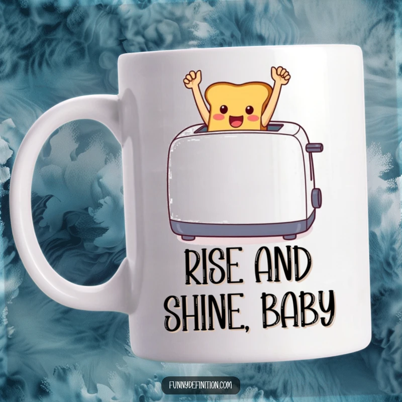 Funny cheerful toast jumping triumphantly from a toaster, arms in the air, on a coffee mug.