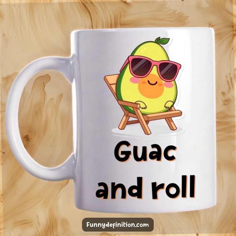 Funny mug with a smiling avocado character wearing sunglasses, lounging coolly on a tiny beach chair.