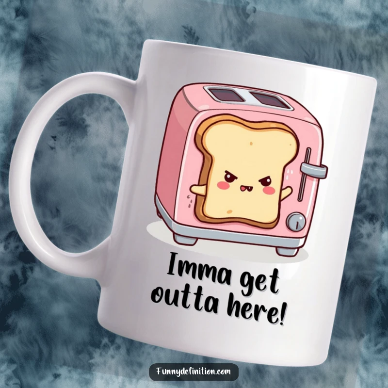 Funny mug showing sentient toast heroically attempting to escape a hot toaster, determined expression, breakfast humor gift.
