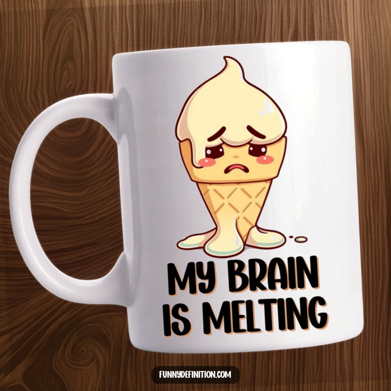 Funny mug showing a melting ice cream cone with a worried face, symbolizing the fleeting nature of joy and treats.