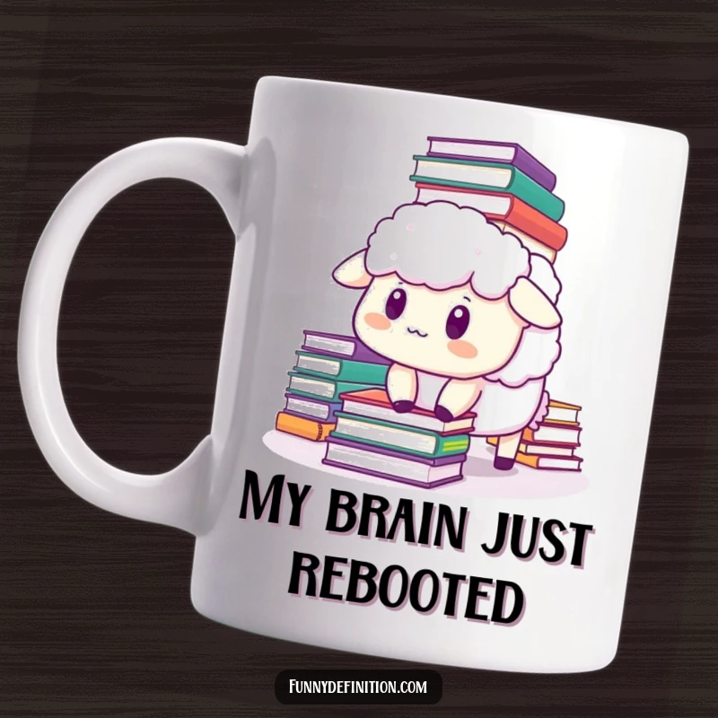 Funny sheep mug with a startled expression as a huge stack of books topples onto its head, creating a comedic book avalanche scene.