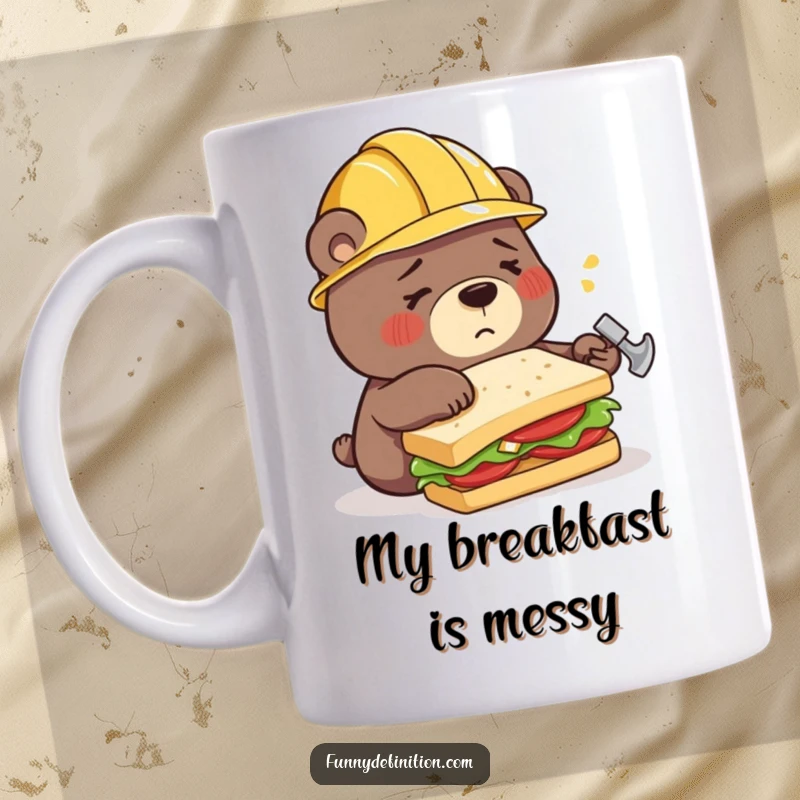 Funny mug showing a confused bear wearing a construction helmet, attempting to build a sandwich using a hammer, a masterpiece of bear logic.