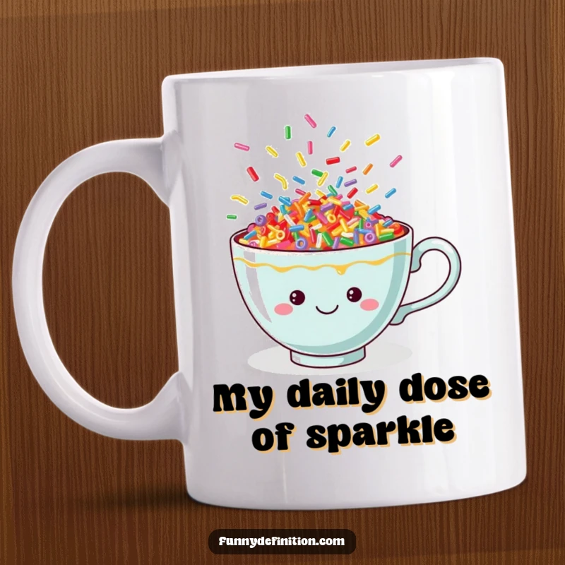 Funny teacup mug overflowing with vibrant, dancing sprinkles, radiating pure joy and cheerfulness, perfect for a happy morning.