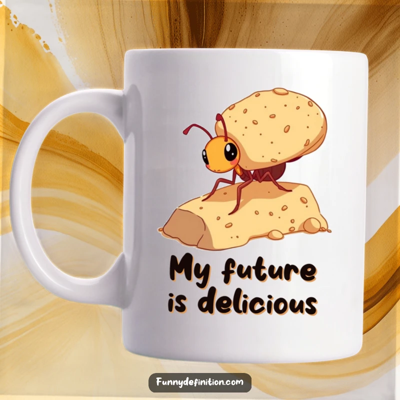 Funny mug with a determined ant struggling to carry a gigantic crumb up a steep hill, symbolizing effort and humor.