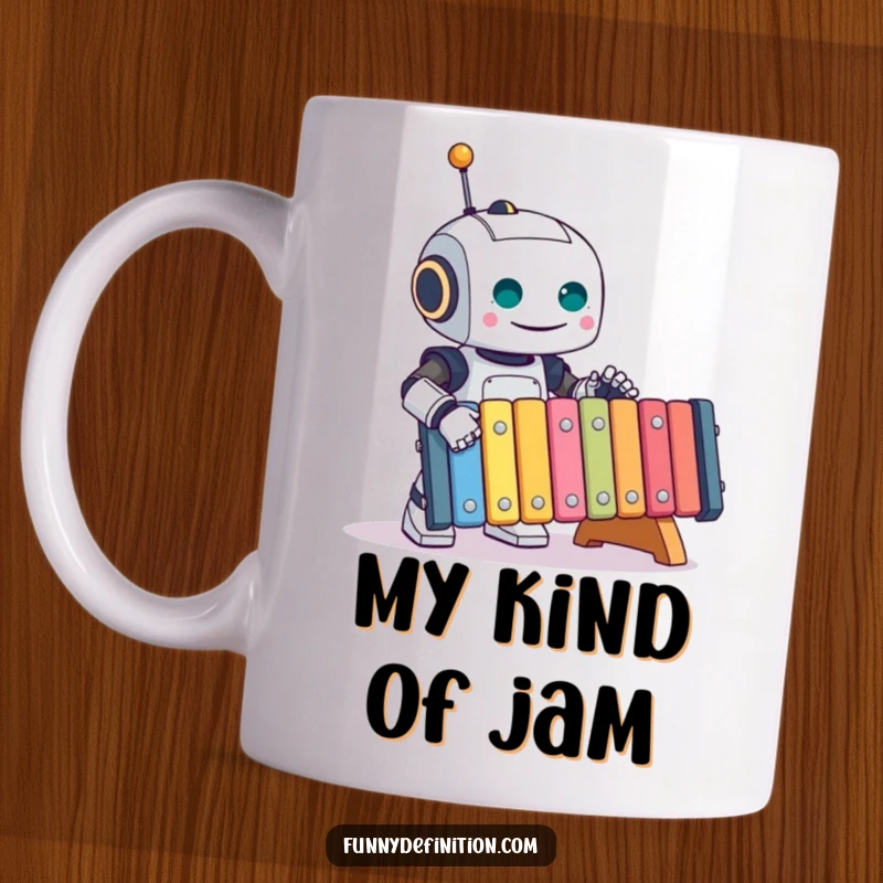 Funny Robot Mug: A cheerful robot joyfully plays a huge, colorful xylophone, radiating happiness and musical ambition, a great funny gift.