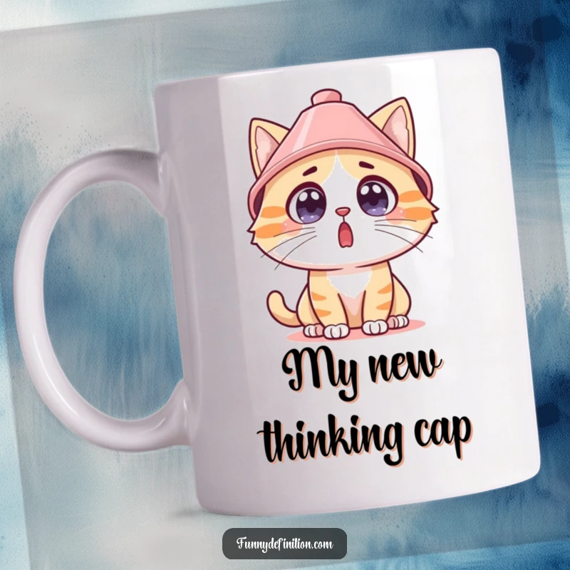 Funny surprised cat wearing a lampshade as a hat on a mug, wide eyes expressing shock and humor.