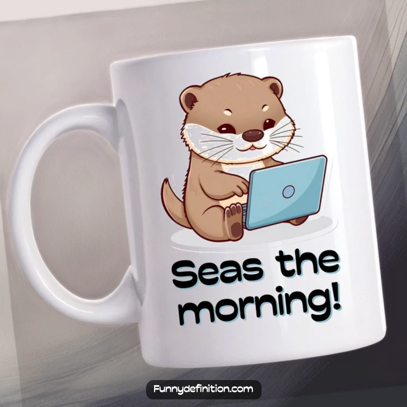 Funny otter typing fast on a tiny laptop, a comical scene for workaholics and animal lovers, perfect funny gift mug.