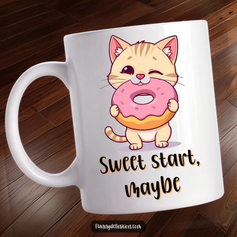 Funny Cat Mug: A wobbly cat hilariously balances a giant donut on its nose, showcasing feline focus and sweet temptation, a great funny gift.