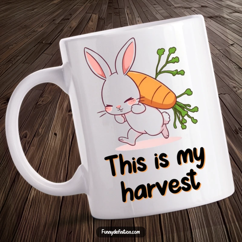 Funny rabbit mug showing a determined rabbit comically struggling to carry an oversized carrot, leaning forward under its weight.