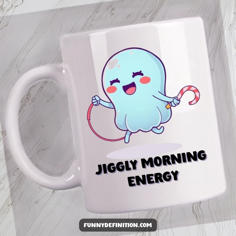 Funny mug showing a wobbly jelly character attempting to jump rope with a licorice whip, energetic and humorous.