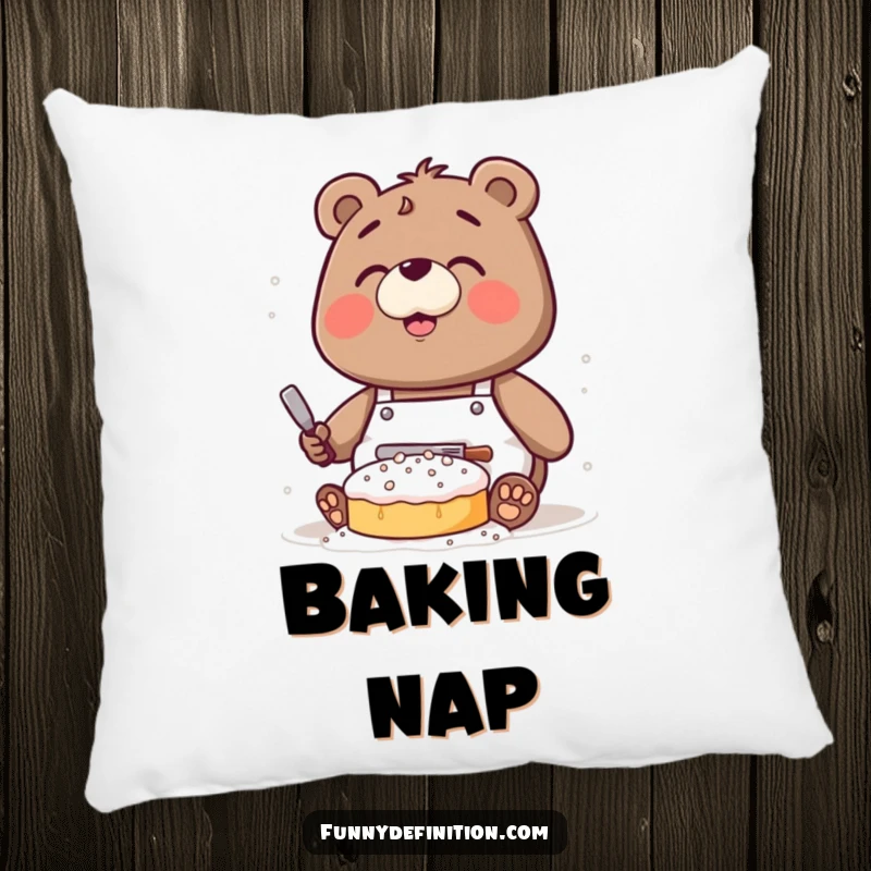 Funny pillow depicting a clumsy bear wearing an apron, coated in flour while attempting to bake a cake.