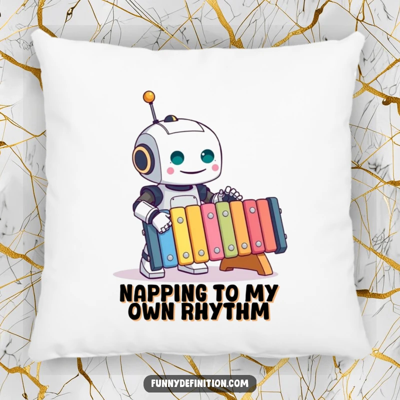 Funny Robot Pillow: A cheerful robot joyfully plays a giant xylophone, bringing smiles and comfort, a delightful funny gift.