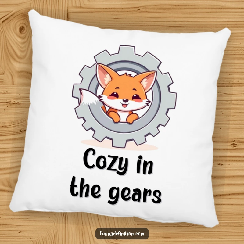 Funny pillow showcasing a curious fox peeking from behind a large spinning gear, bringing soft, intellectual humor.