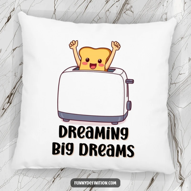 Funny cheerful toast jumping out of a toaster with arms raised in victory, designed on a soft pillow.