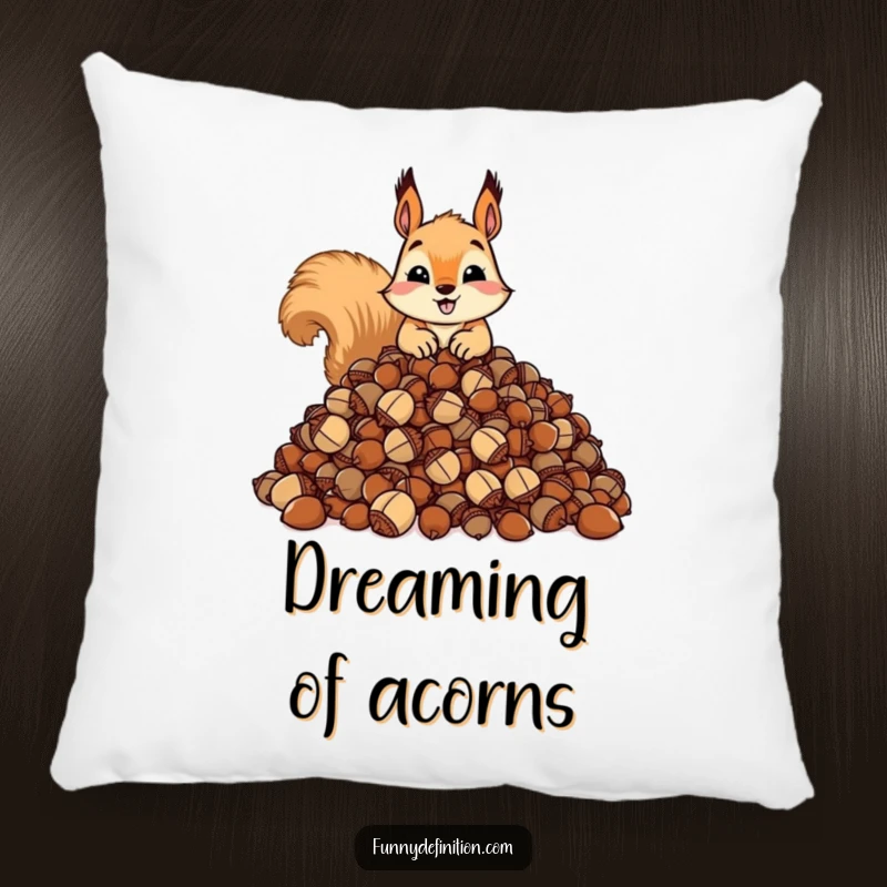 Funny pillow with a squirrel guarding an enormous pile of acorns. Comfortable and humorous home accent.