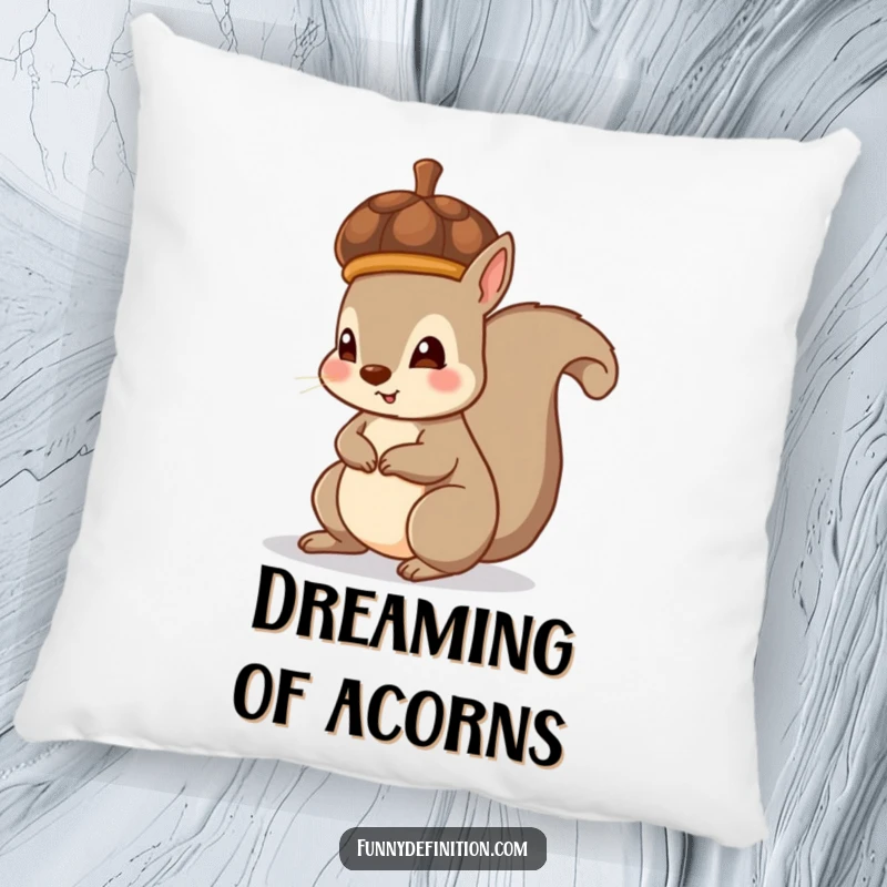 Funny pillow with a squirrel adorably wearing an acorn as a hat, offering comfort and a touch of woodland whimsy.