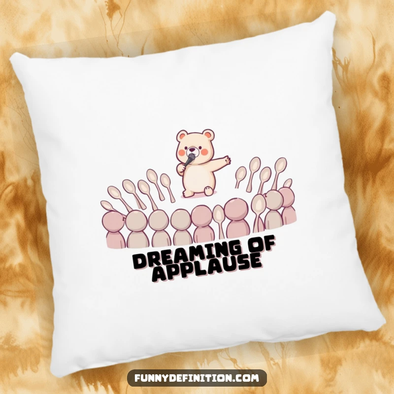 Funny decorative pillow featuring a tiny bear singing an opera aria to a bewildered audience of spoons, bringing humorous comfort.